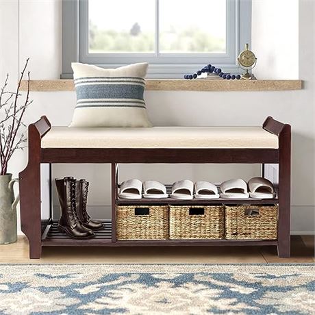 Large Shoe Bench Rack Shoe Organizer with Storage Basket & Removable Cushion