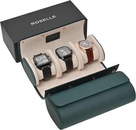 ROSELLE Genuine Leather Watch Roll Travel Case,3 Watches