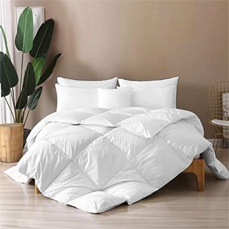 Queen Size Down Comforter, White with Navy Seam