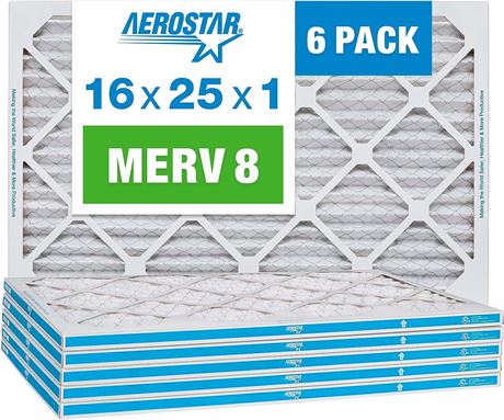 Aerostar 16x25x1 MERV 8 Pleated Air Filter - 6 Pack