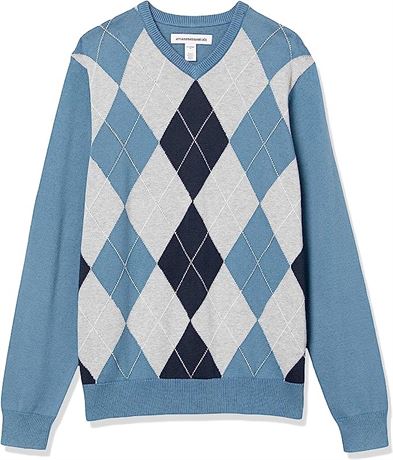 Amazon Essentials Men's V-Neck Sweater, Medium, Blue Argyle