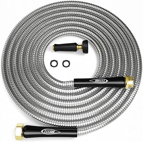 TITAN Metal Garden Hose - Flexible Water Hose with Solid 3/4" Brass Connectors