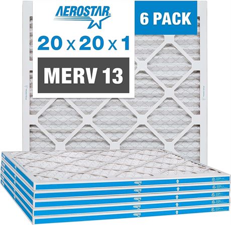 Aerostar 20x20x1 MERV 13 Pleated Air Filter, AC Furnace Air Filter, 6 Pack