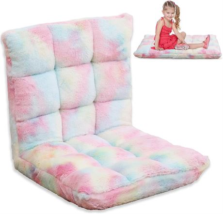 Recline Floor Chair with Plush Faux Fur Upholstery, Rainbow