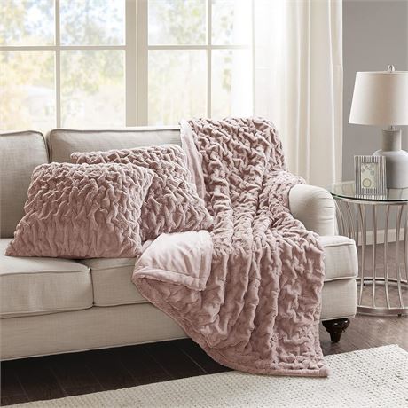 Comfort Spaces Faux Fur Plush Throw Blanket Set, Blush 50"x 60"