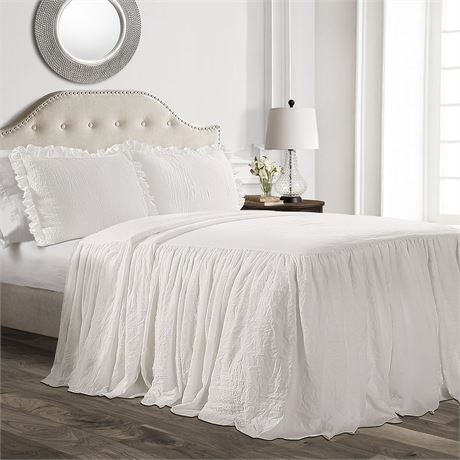 Lush Decor Ruffle Skirt Bedspread Farmhouse Style - 3 Piece Set, King, White