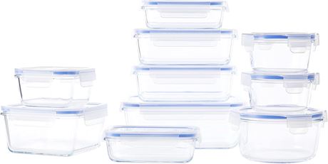 Amazon Basics 20-Piece Glass Food Storage Containers, 10 Count of Bases and Lid