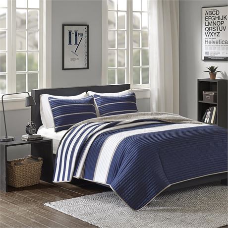 Comfort Spaces Quilt Set, Twin/Twin XL, Verone White Blue Stripe