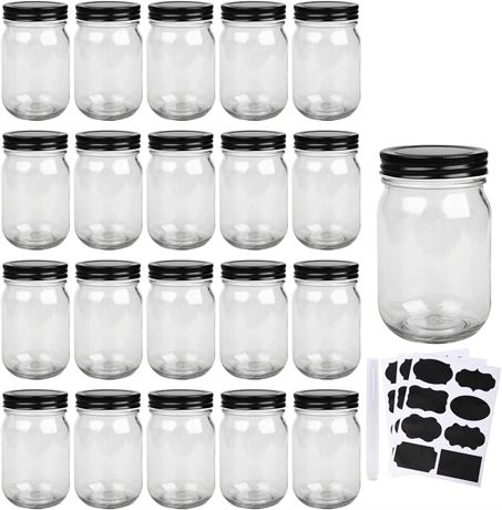 Glass Mason Storage Jars with Black Lids and Labels (Pack of 20)