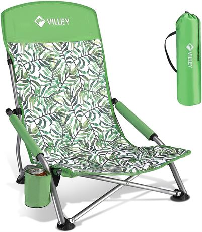 VILLEY Low Beach Chair, High Back Folding Beach Chair for Adults