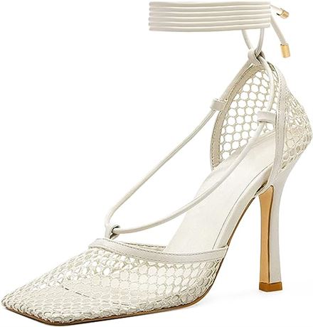 MUCCCUTE Square Toe Mesh Stiletto Heels for Women White 3.95IN