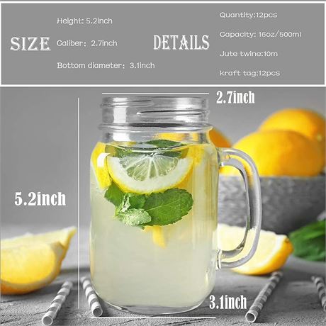 Glass Mason Jar Mugs 16 oz, 12 Pack, Jar only no lids