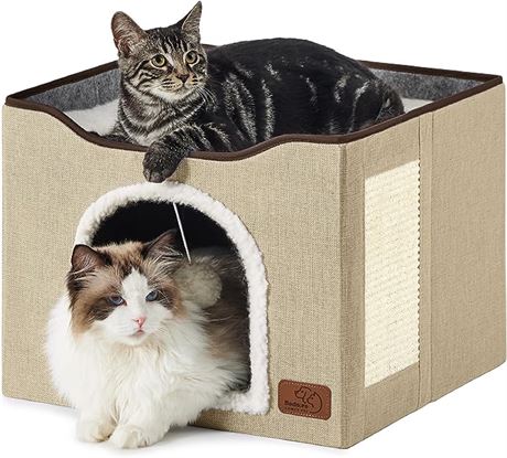 Bedsure Cat Beds for Indoor Cats - Large Cat Cave, 16.5x16.5x13 inches, Brown