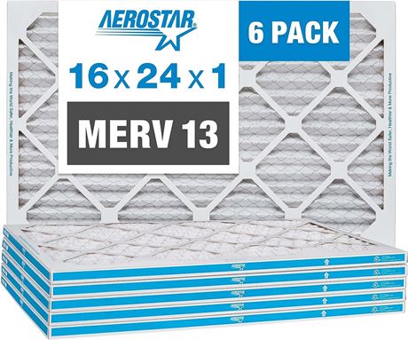 Aerostar 16x24x1 MERV 13 Pleated Air Filter, 6-Pack