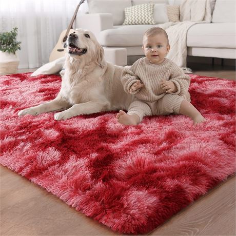 LOCHAS Soft Shag Tie-Dye Area Rug, Red, 5x8 Feet