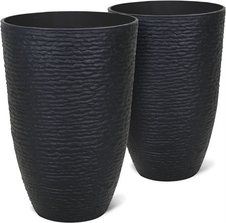 Worth Garden 21" H Tall Planters, 14'' Dia Resin Large Round Black Flower Pots