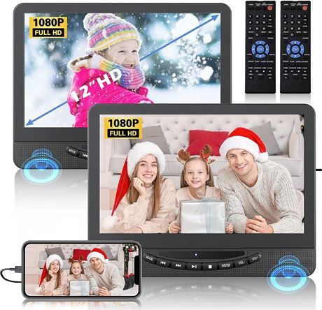 12" Dual Portable DVD Player for Car with 1080P HDMI Input