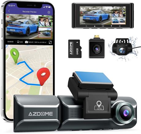 AZDOME M550 Dash Cam 3 Channel, Built in WiFi/GPS, Front/Inside/Rear Camera