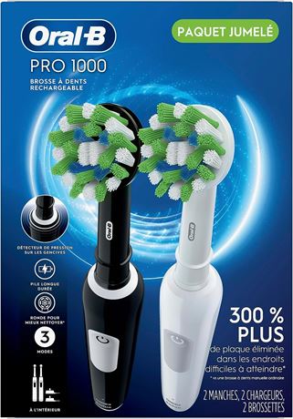 Oral-B Pro 1000 CrossAction Electric Toothbrush, Black and White, 2 Count