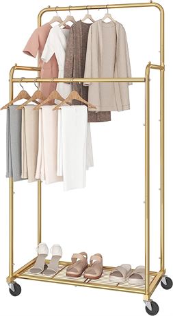 Simple Trending Double Rod Clothing Garment Rack, Gold