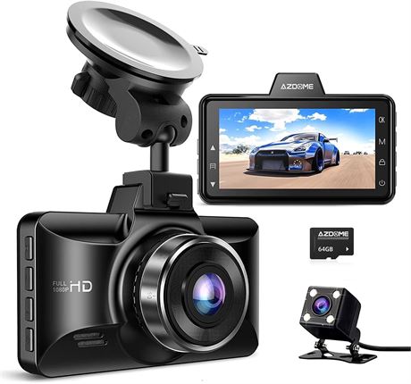 AZDOME Dual Dash Cam Front and Rear, for Car Taxi with 64GB Card