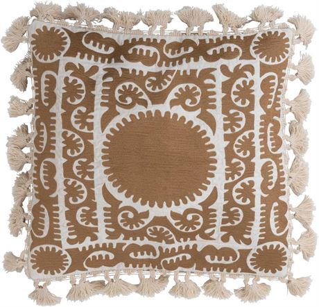 Creative Co-Op Cotton Pillow with Embroidery, Chambray Back with Tassels