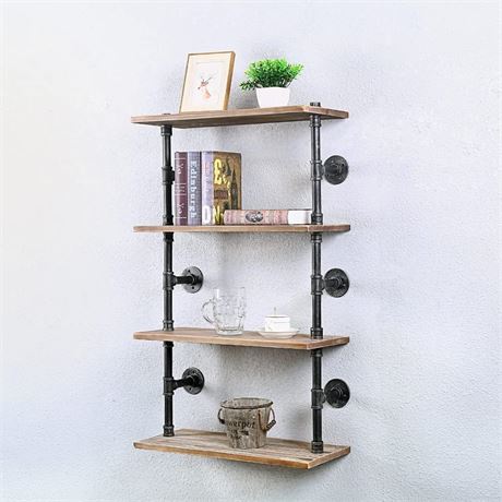 Industrial 4-Tier Pipe Wall Mounted Wood Shelf