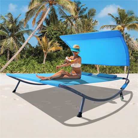 Funny Sunny Outdoor Double Chaise Lounge Bed with Canopy, Blue