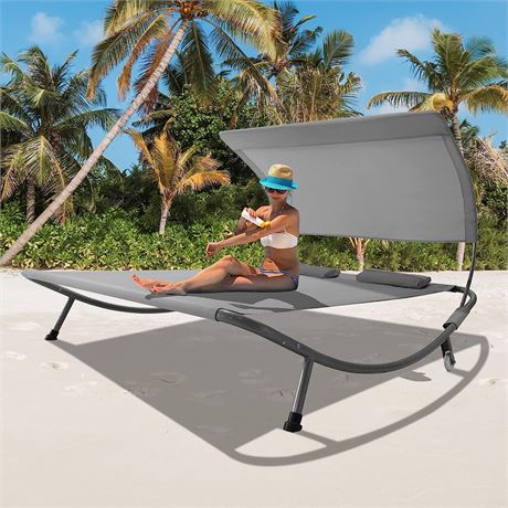 Funny Sunny Outdoor Double Chaise Lounge Bed with Canopy, Grey